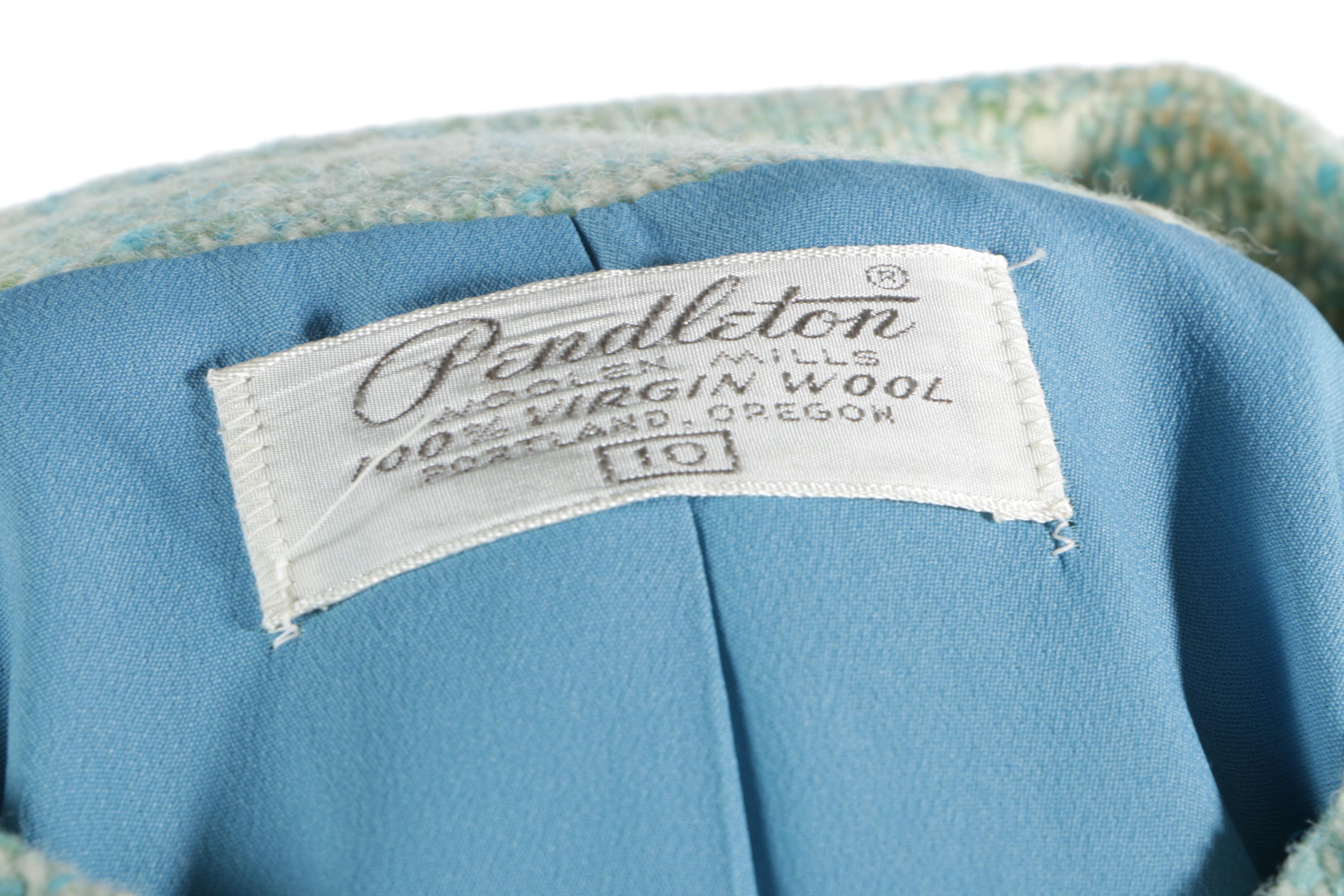 1960s Vintage Pendleton Green and Blue Wool Tweed Skirt Suit