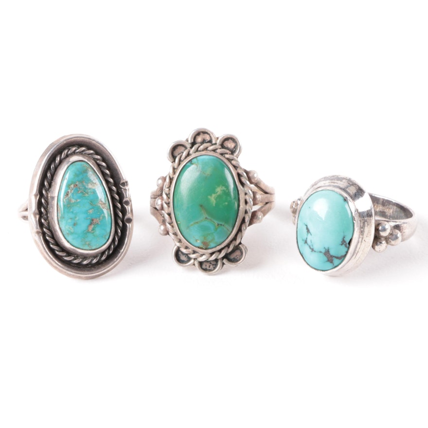Three Sterling Silver Turquoise Rings Including Nepalese Made