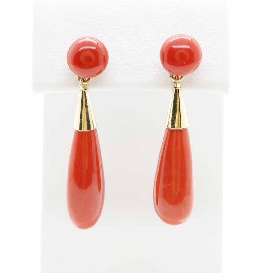 18K Yellow Gold Coral Drop Earrings