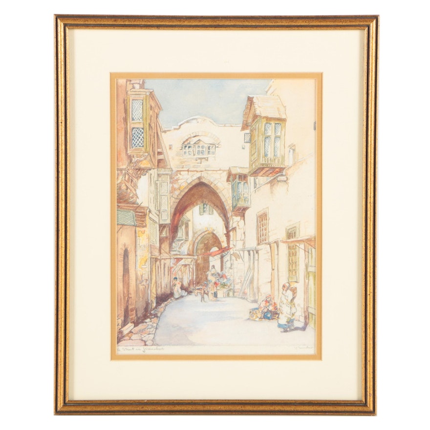 Irwin Sander Watercolor and Gouache Painting "A Street in Jerusalem"