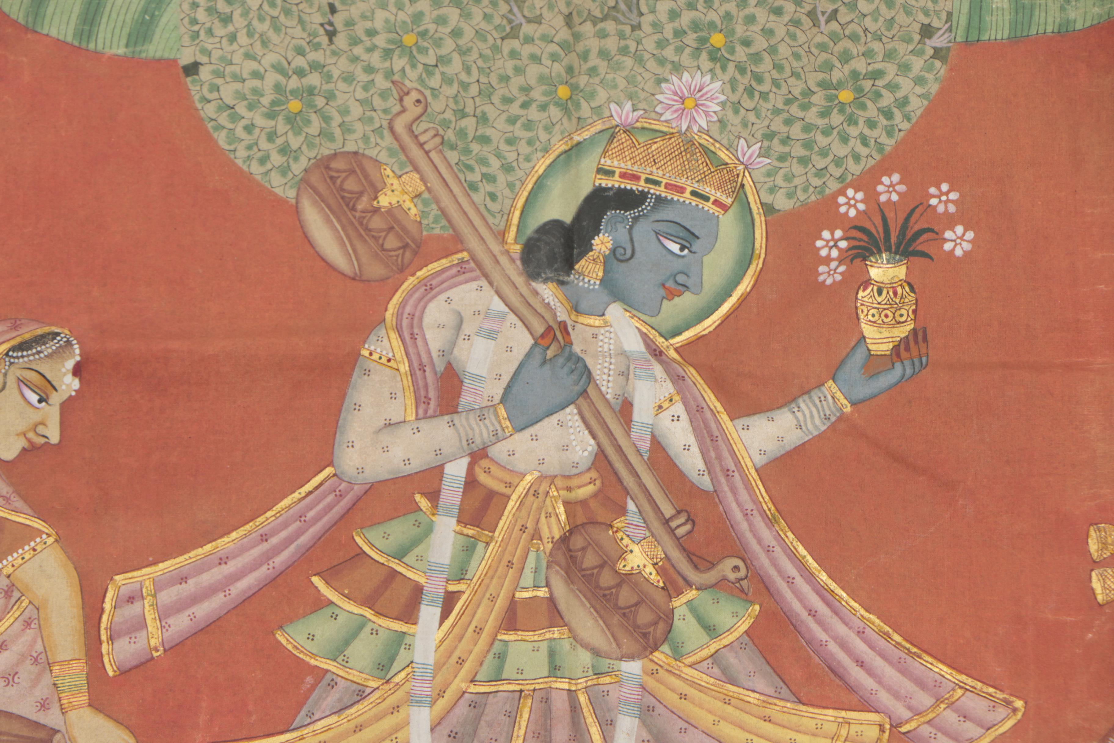 Indian Pichhwai Watercolor of Krishna and Female Musicians