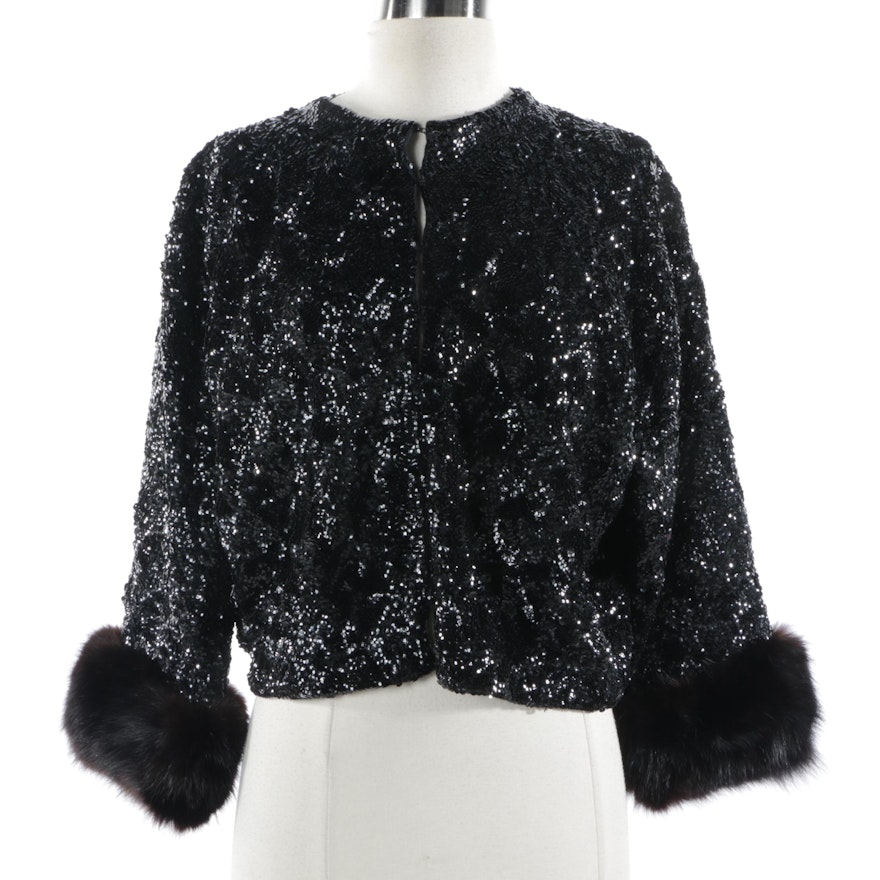 Women's Vintage Black Sequin Evening Jacket with Fox Fur Sleeve Cuffs