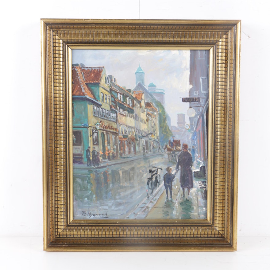 Theodor Nygaard Mid Century Oil Painting of Danish Street Scene