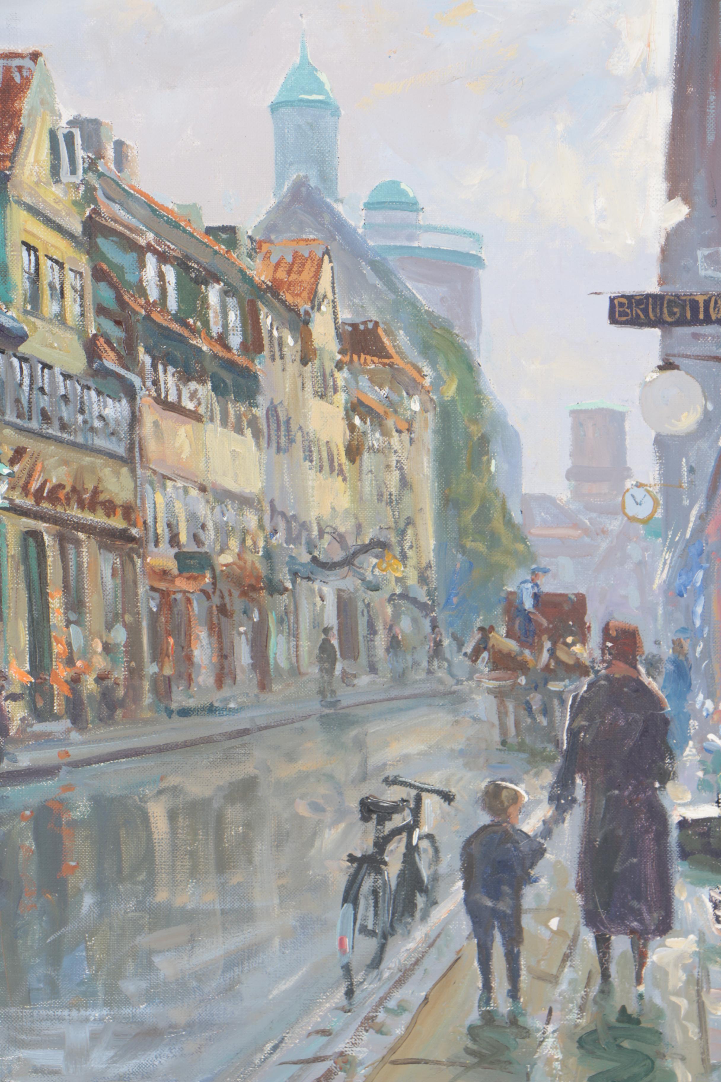 Theodor Nygaard Mid Century Oil Painting of Danish Street Scene