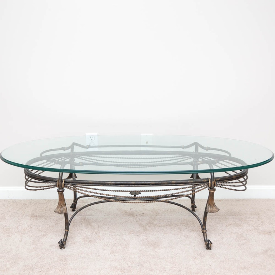 Glass Top Tasseled Iron Coffee Table from La Barge