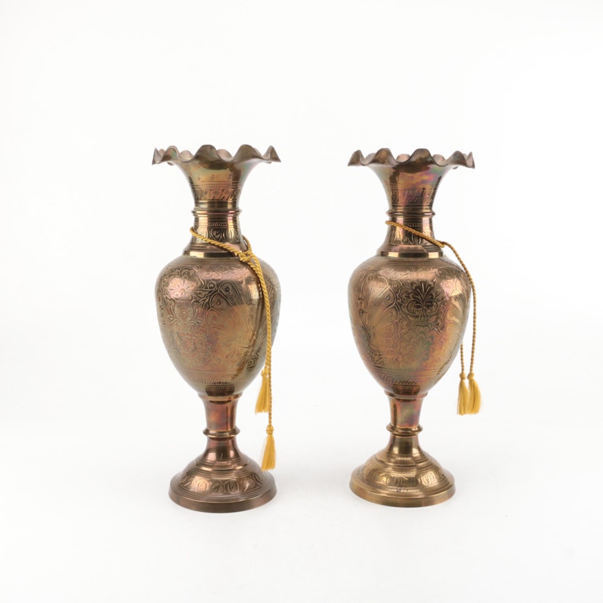 Ornate Peacock and Floral Motif Brass Vases