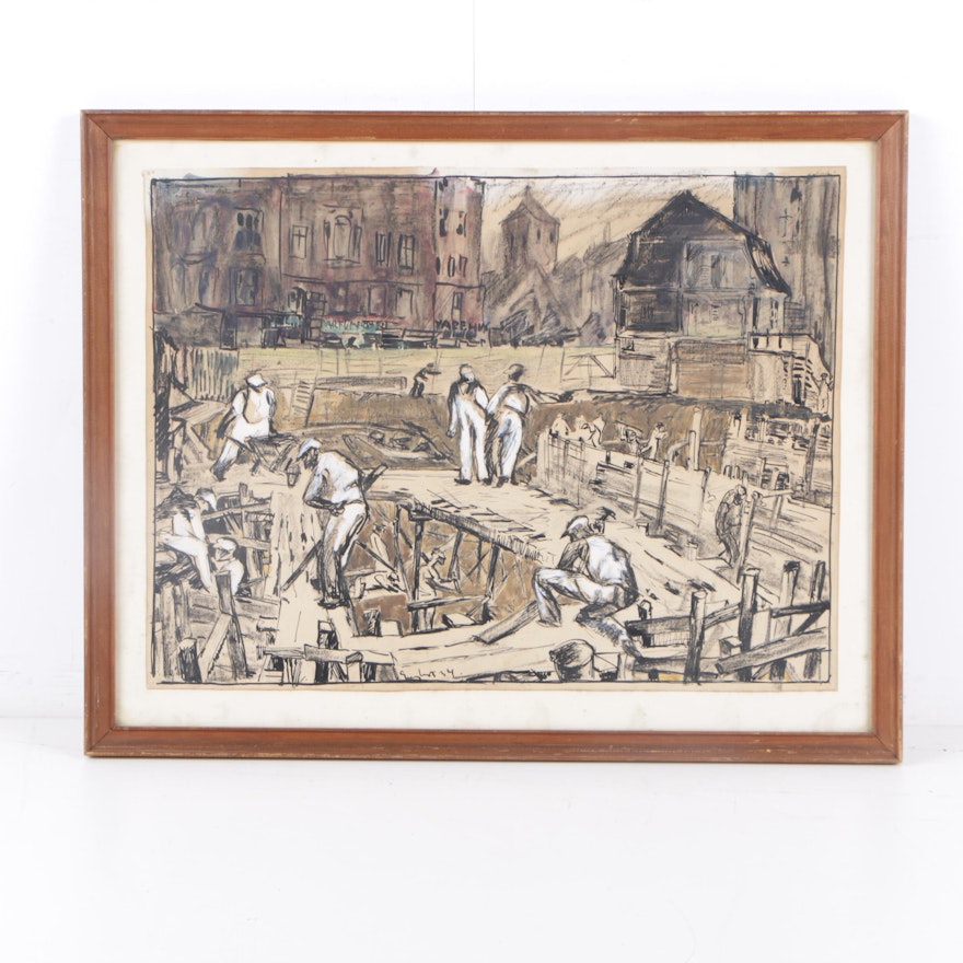 1934 Ink and Gouache Illustration of Construction Workers in Danish City