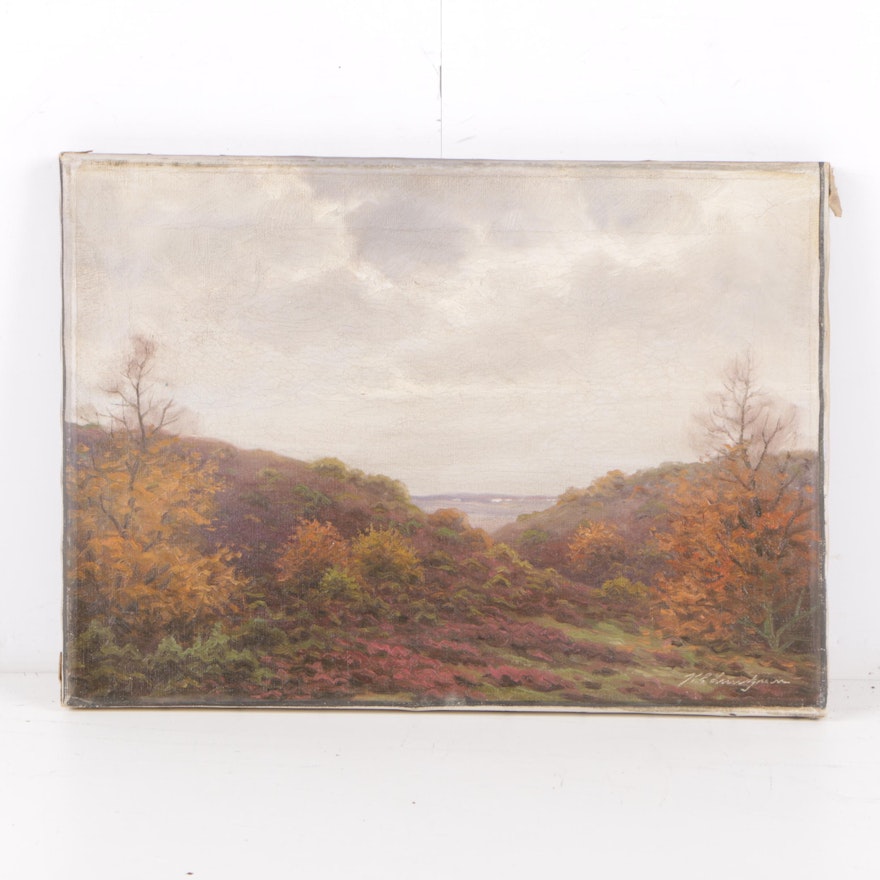 Karl Emil Lundgreen Mid Century Oil Painting of Coastal Landscape Scene