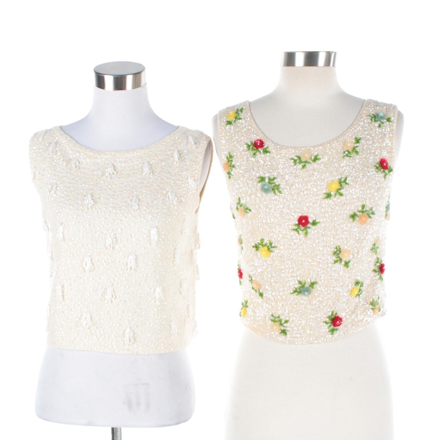 Circa 1950s Vintage Beaded Wool Sleeveless Tops Including House of Gold