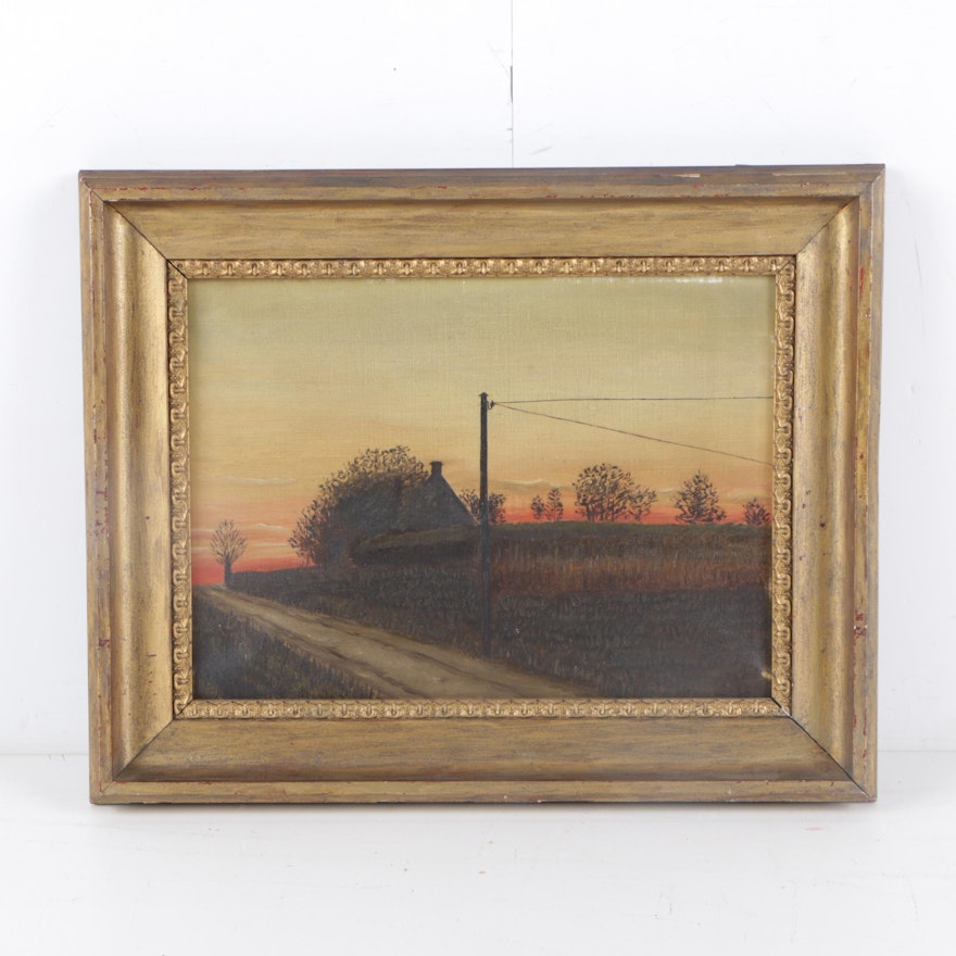 Mid Century Oil Painting of Rural Landscape at Twilight