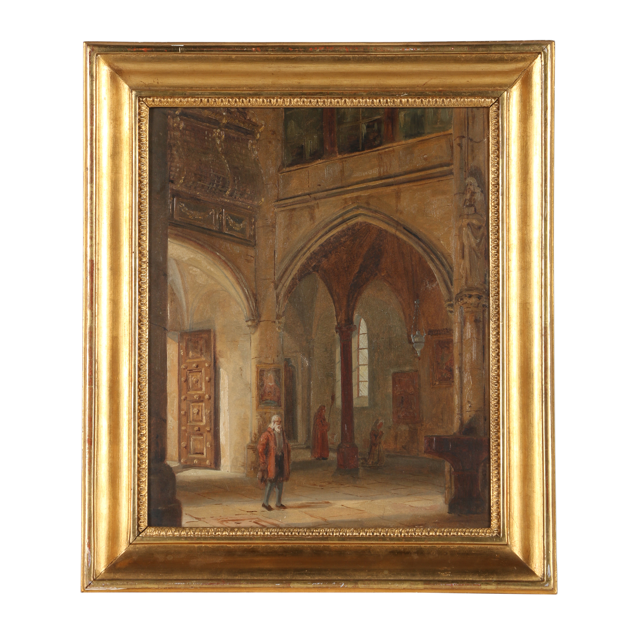 South German 19th-Century Oil Painting Church Interior