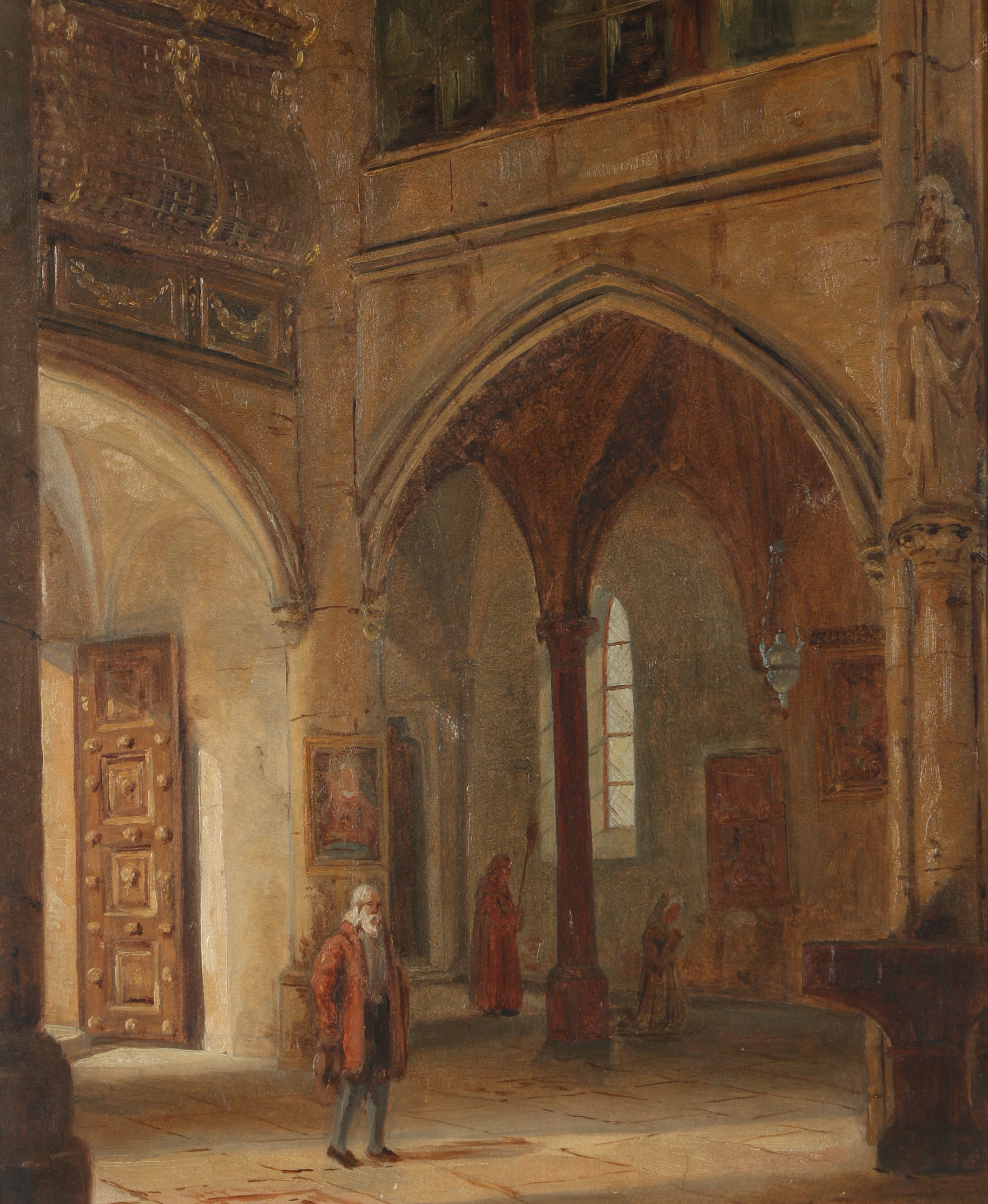 South German 19th-Century Oil Painting Church Interior