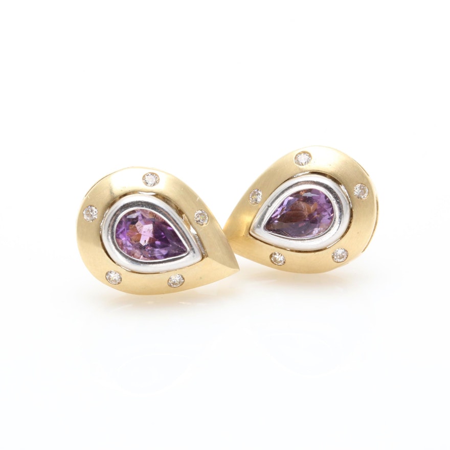 14K Yellow Gold Amethyst and Cubic Zirconia Earrings With White Gold Accents