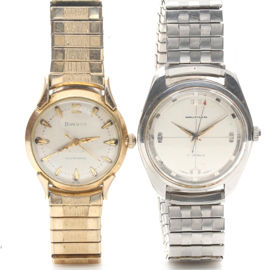 Waltham Stainless Steel and Bulova Gold Plate Wristwatches