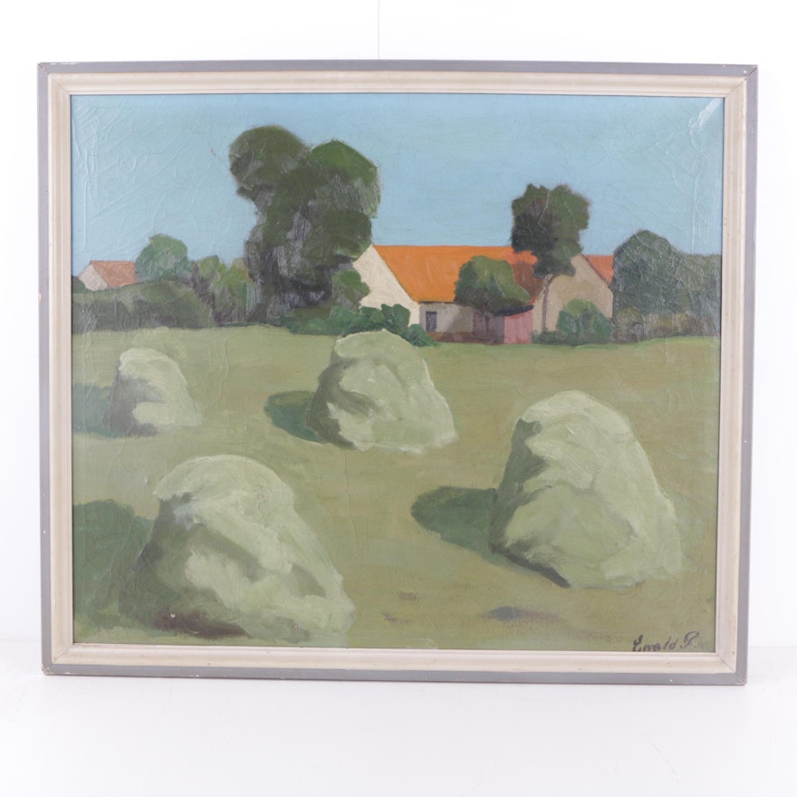 Ewald Petersen Mid Century Oil Painting of Farm Landscape