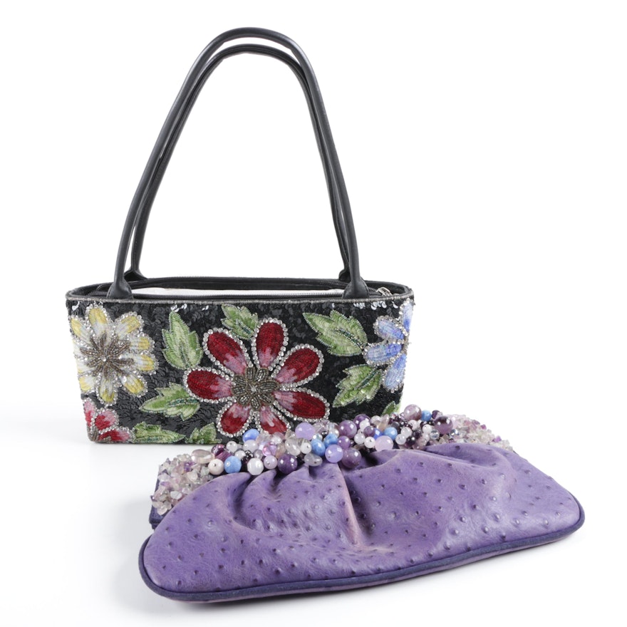Dyed Ostrich Clutch Embellished with Semi-Precious Stones and Sequined Purse