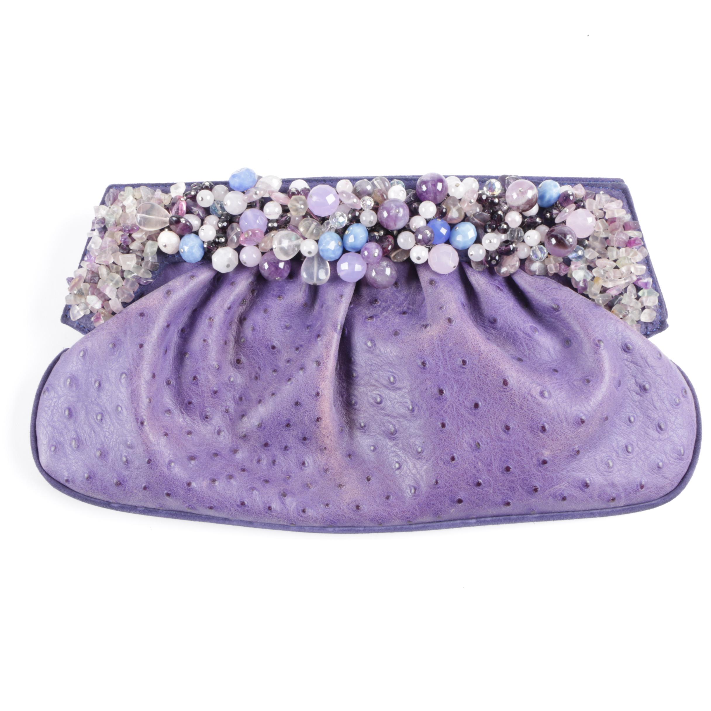 Dyed Ostrich Clutch Embellished with Semi-Precious Stones and Sequined Purse