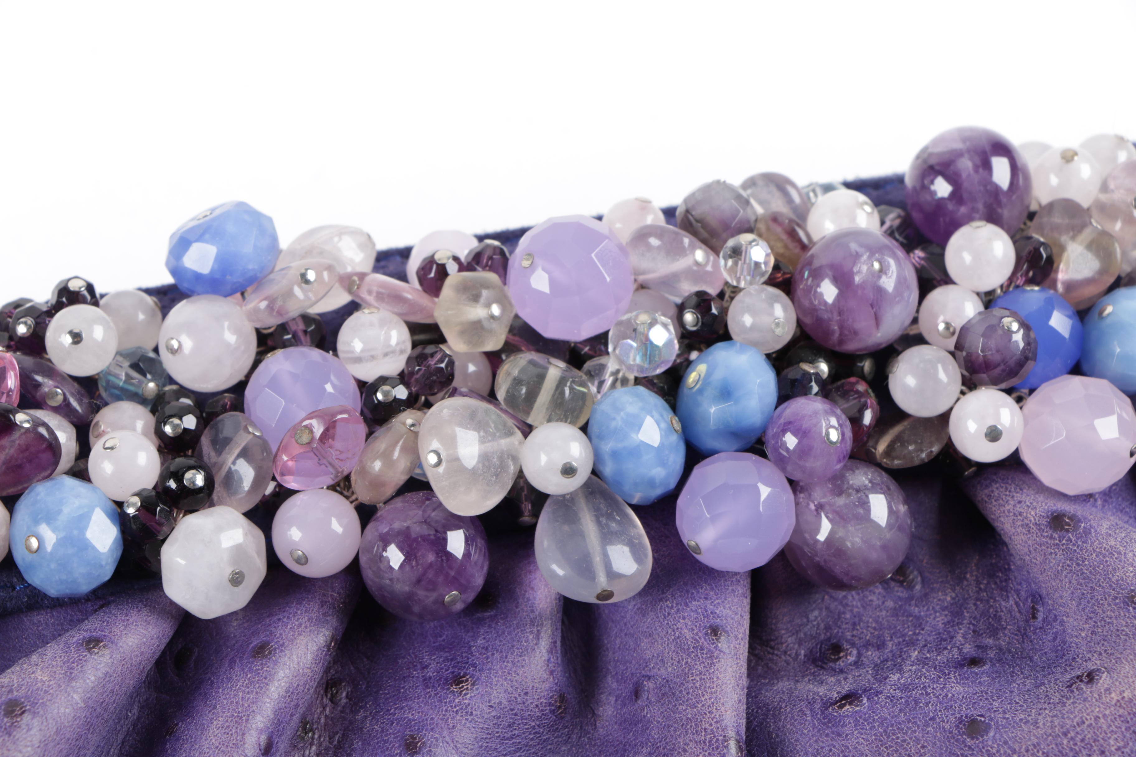 Dyed Ostrich Clutch Embellished with Semi-Precious Stones and Sequined Purse