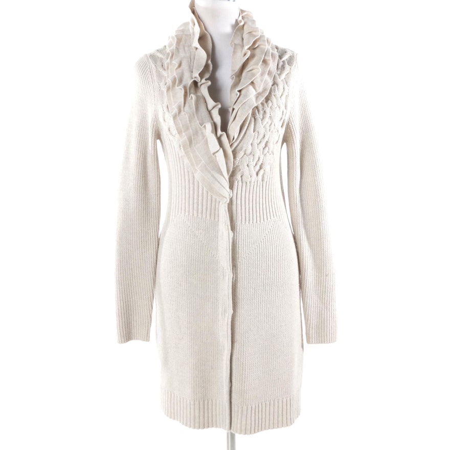 Elie Tahari Ruffle Neck Knit Wool Cardigan