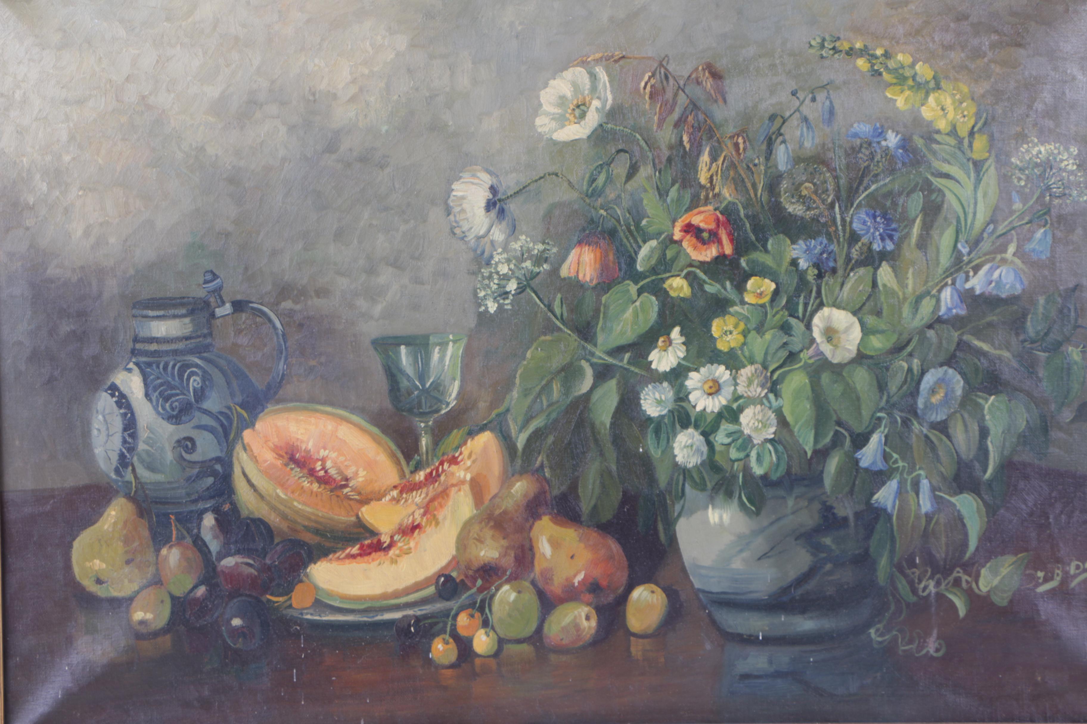 J.B. Dubois Oil Painting of Still Life with Fruit and Wildflowers