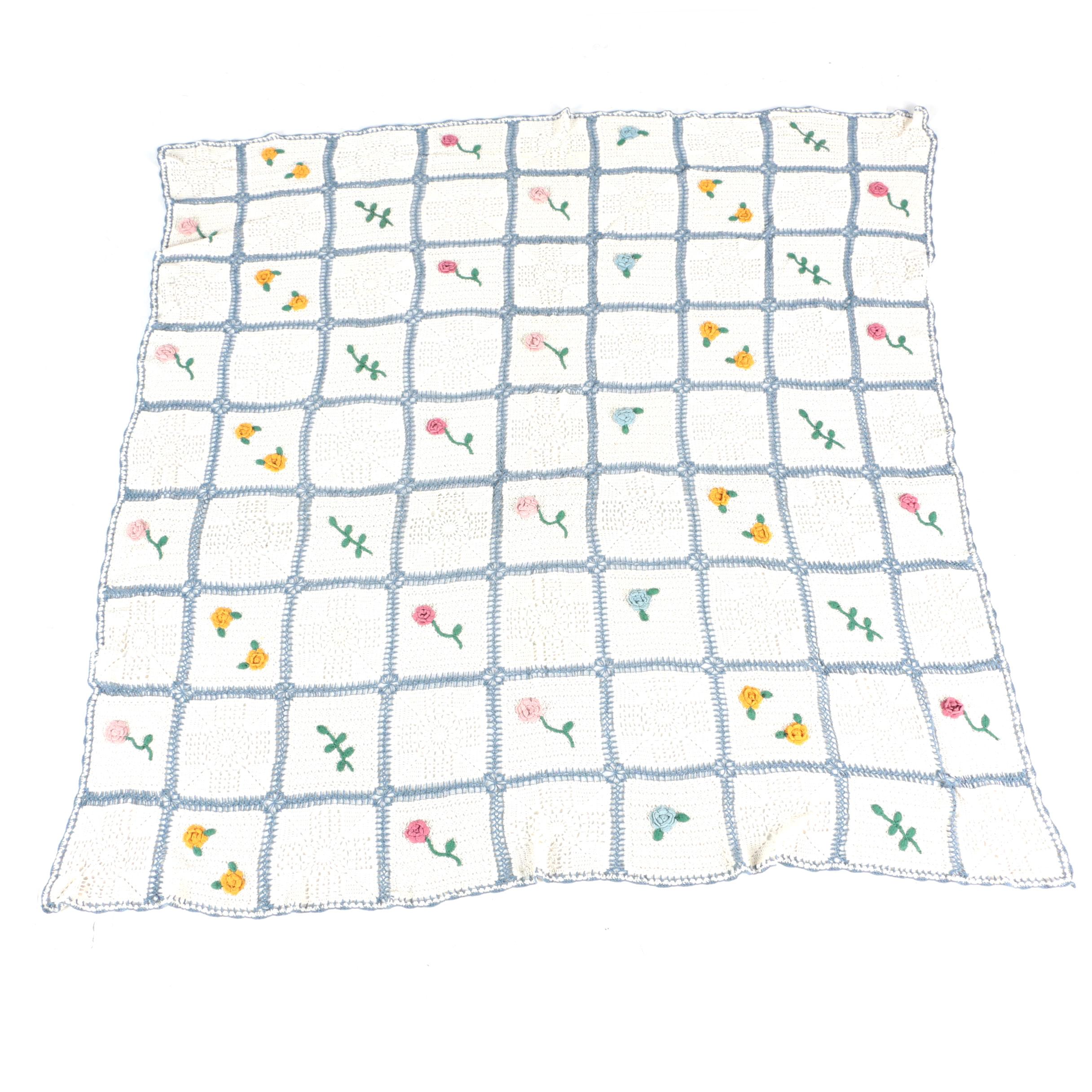 Handcrafted Crocheted Cotton Afghan With Dimensional Flowers