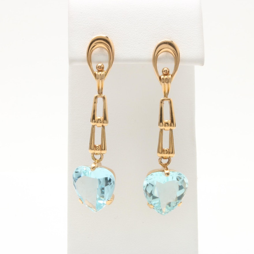 14K Yellow Gold Aquamarine Heart Drop Screw Back Earrings