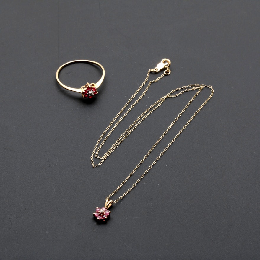 10K and 14K Yellow Gold Ruby and Diamond Floral Demi Parure