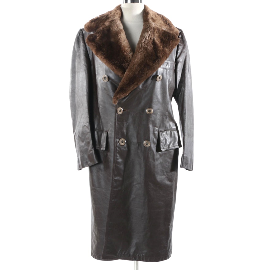 Men's Vintage Brown Leather Coat with Sheared Beaver Fur Collar