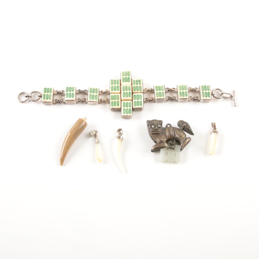 Sterling Silver and Silver Tone Bone, Shell, Nephrite and Jasper Jewelry