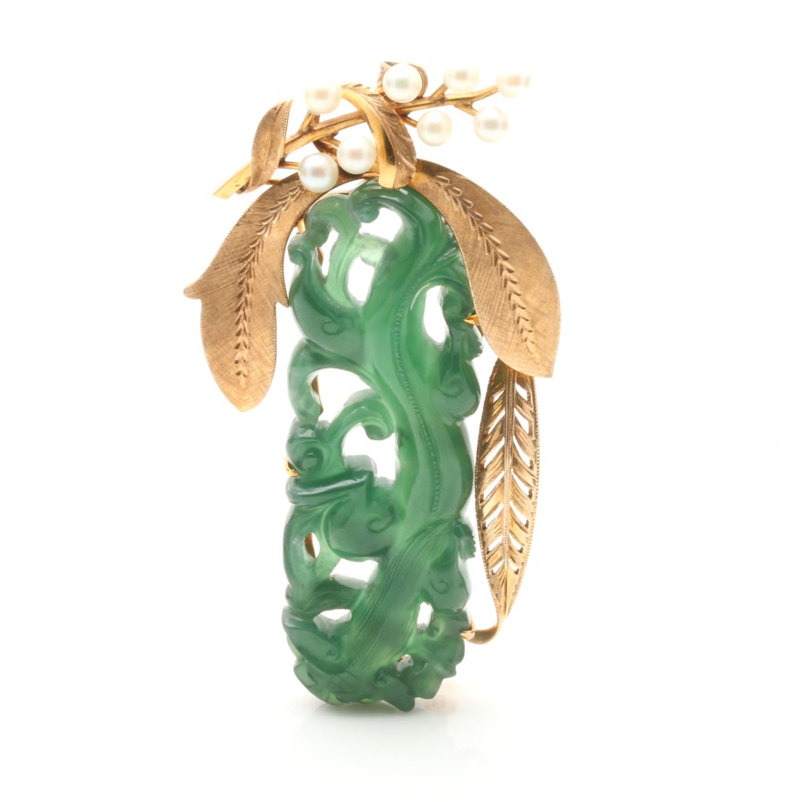 14K Yellow Gold Jadeite and Cultured Pearl Converter Brooch