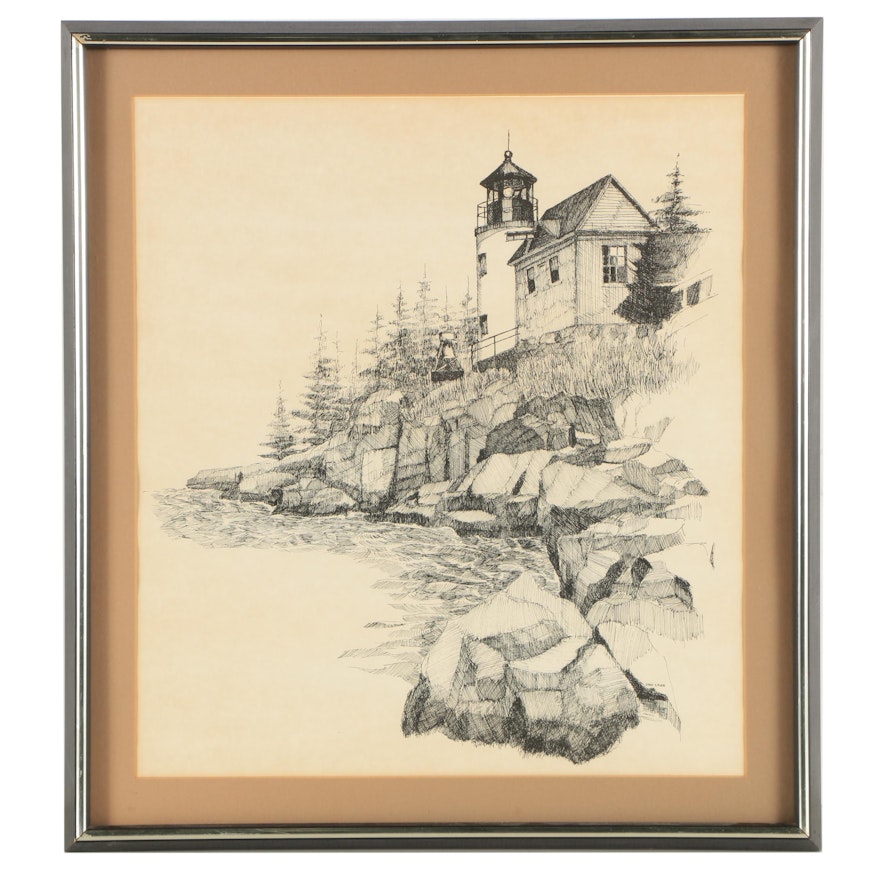 Lithograph After Dan Cake of Lighthouse Along Rocky Coast
