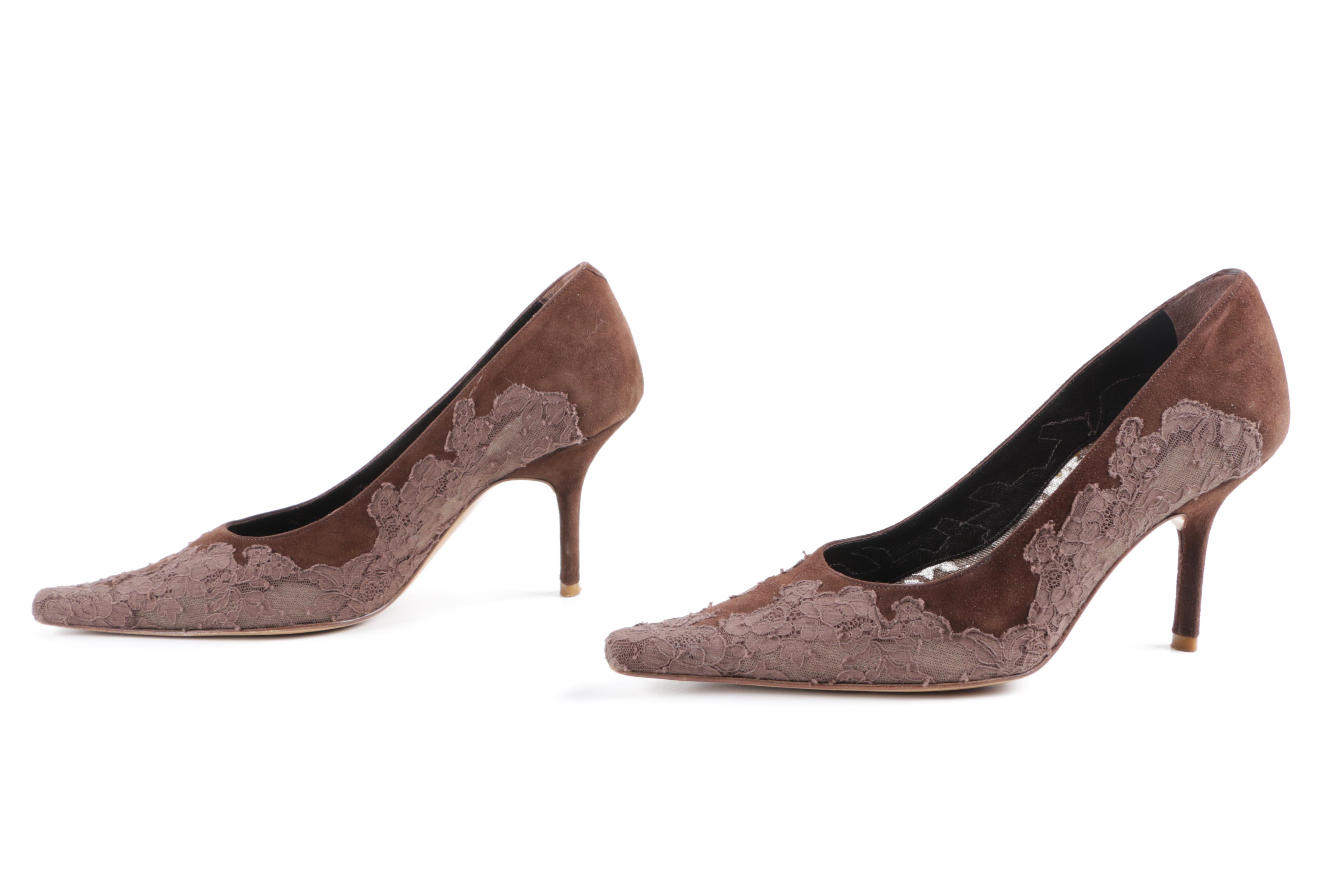 René Caovilla Lace Appliquéd Brown Suede Pumps