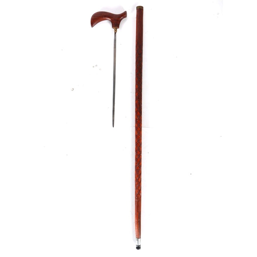 Carved Wooden Sword Cane