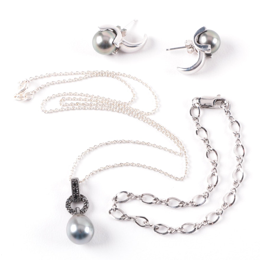 Selection of Sterling Silver Cultured Pearl Earrings, Necklace and Bracelet