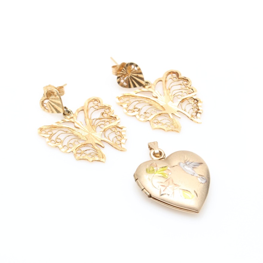 14K Yellow Gold Satin Heart Locket and Butterfly Earrings