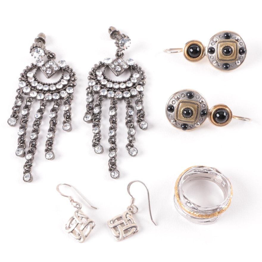 Sterling Silver, Gold and Silver Tone Black Onyx and Foilback Earrings and Ring