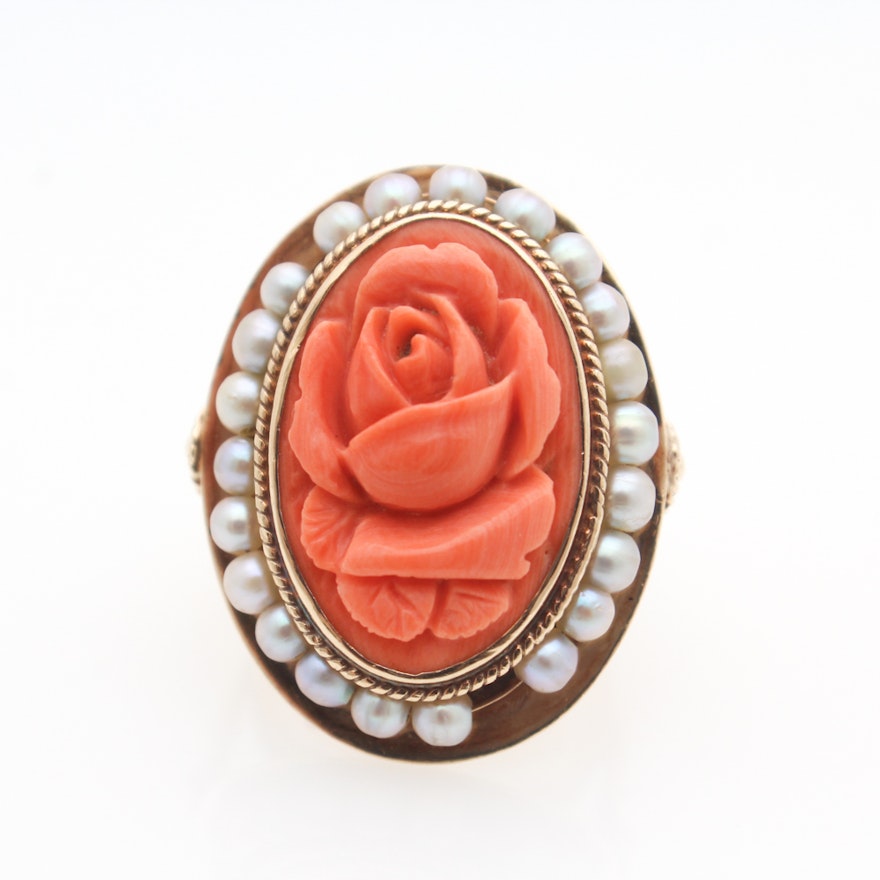 14K Yellow Gold Carved Coral and Pearl Ring
