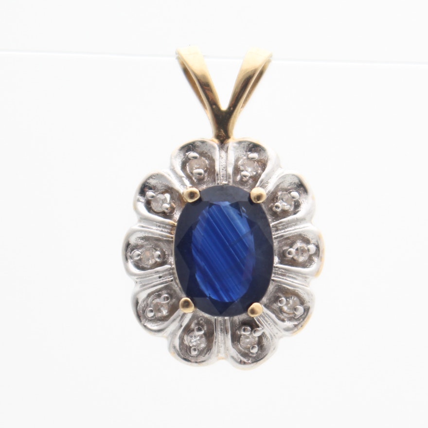 14K Yellow and White Gold Sapphire Diamond Pendant