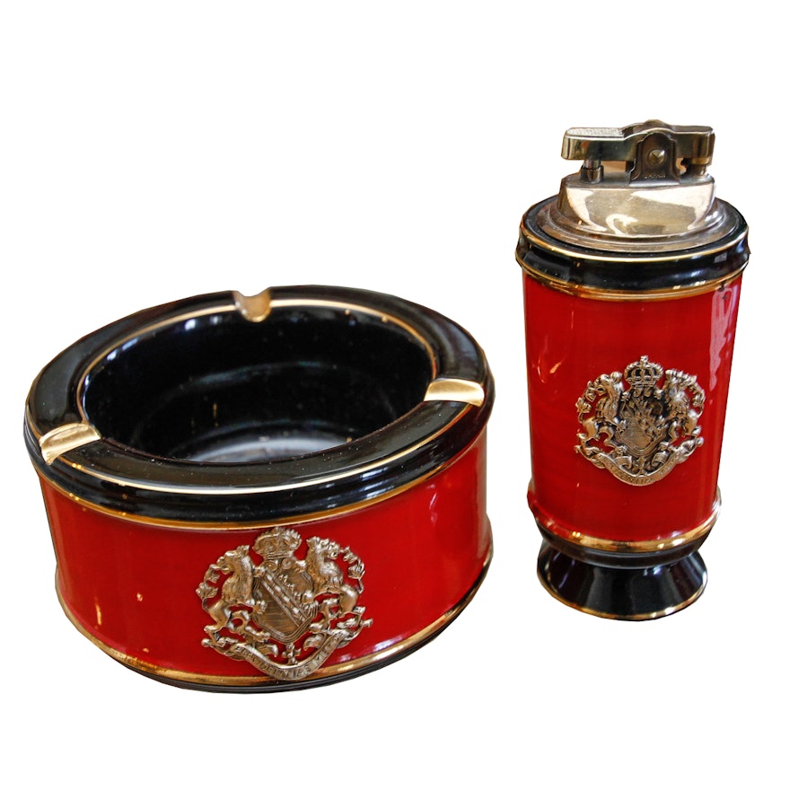 Vintage Lighter and Ashtray Set With Kingdom of Saxony Coat of Arms