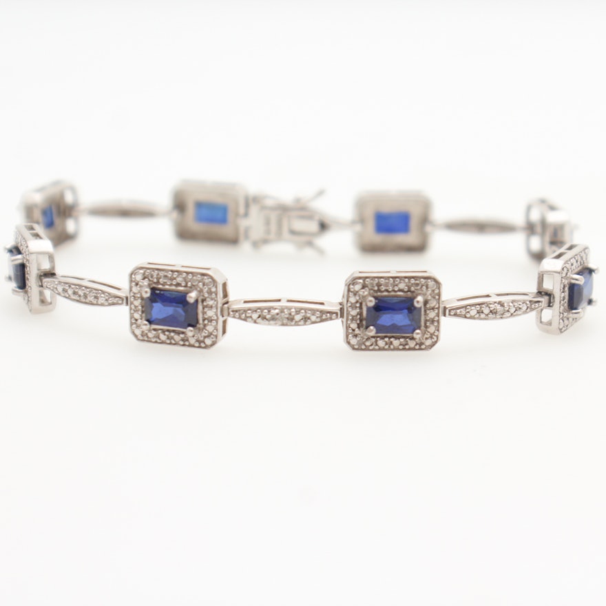 Sterling Silver Diamond Simulated Sapphires Bracelet