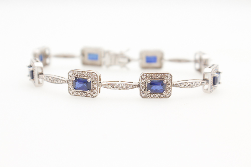 Sterling Silver Diamond Simulated Sapphires Bracelet