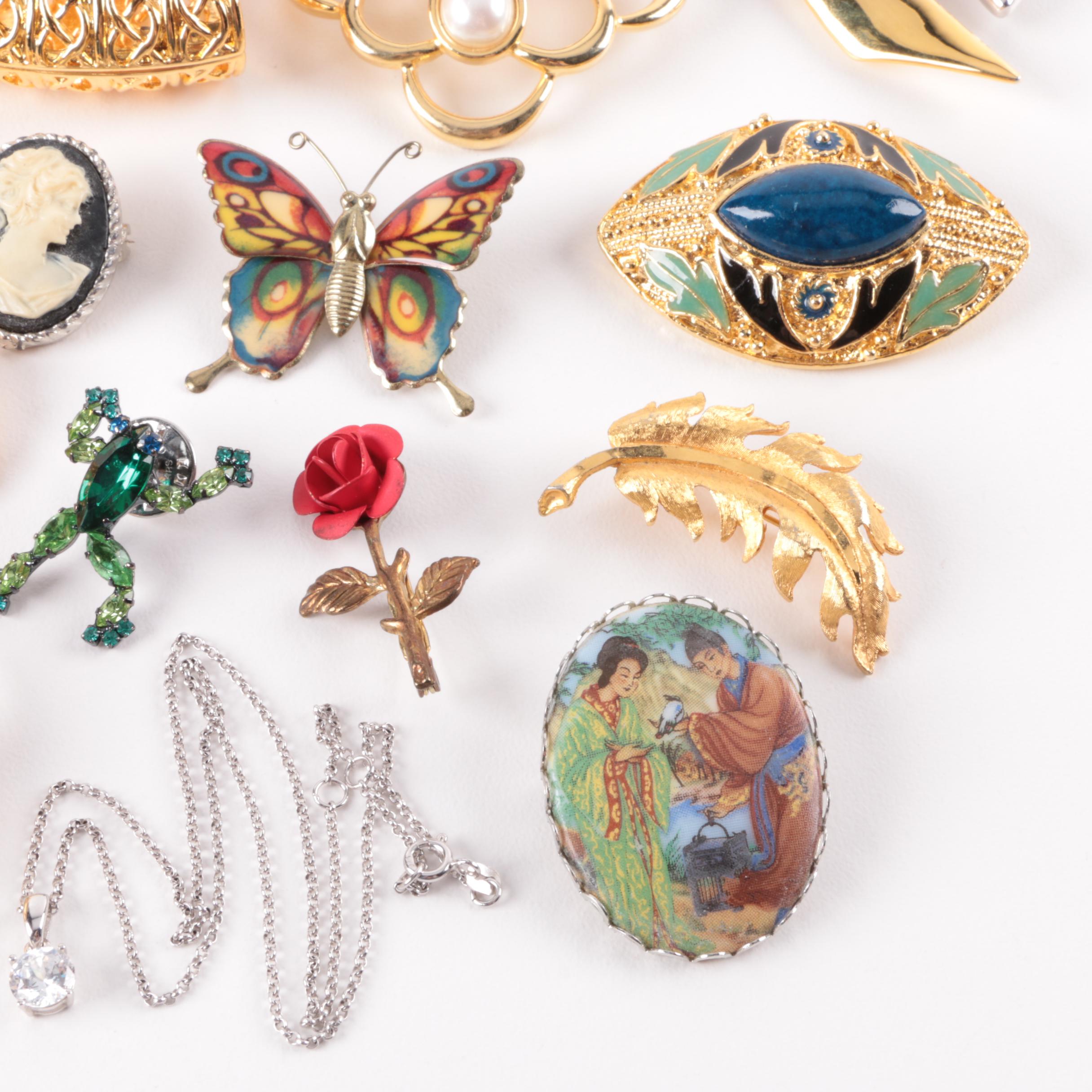 Sterling Silver, Gold and Silver Tone Foilback, Glass and Enamel Jewlery