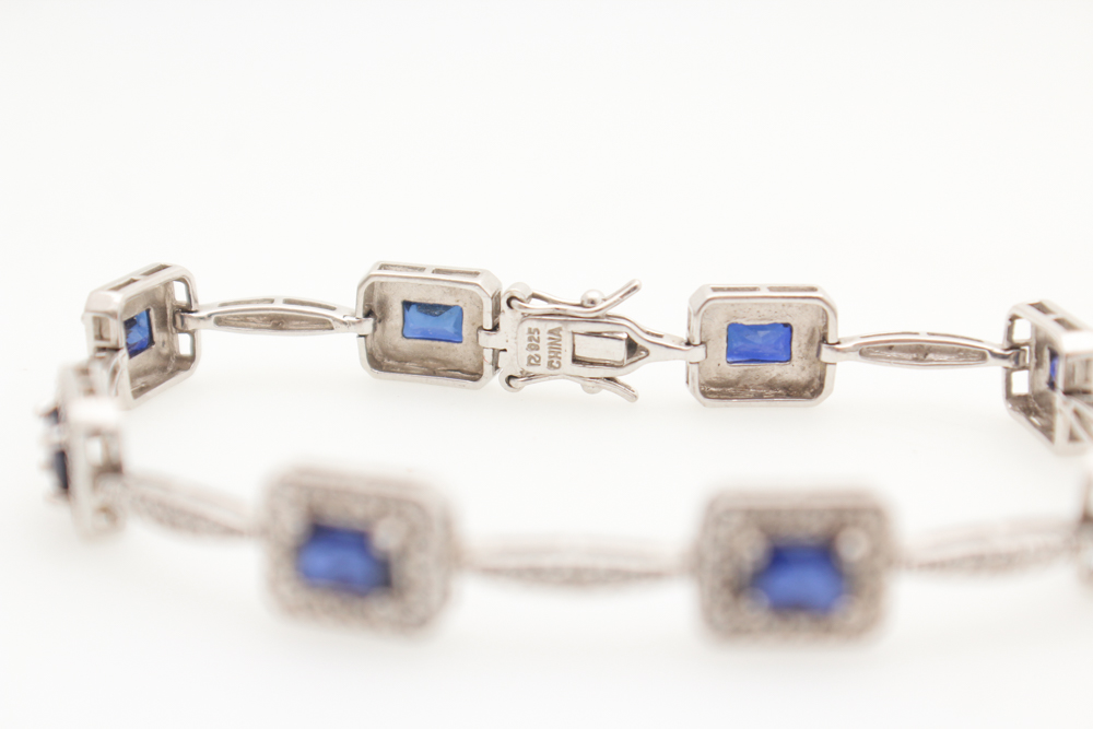 Sterling Silver Diamond Simulated Sapphires Bracelet