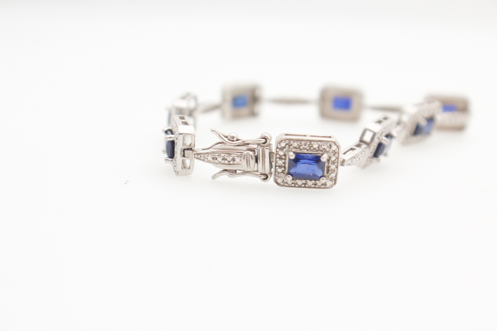 Sterling Silver Diamond Simulated Sapphires Bracelet
