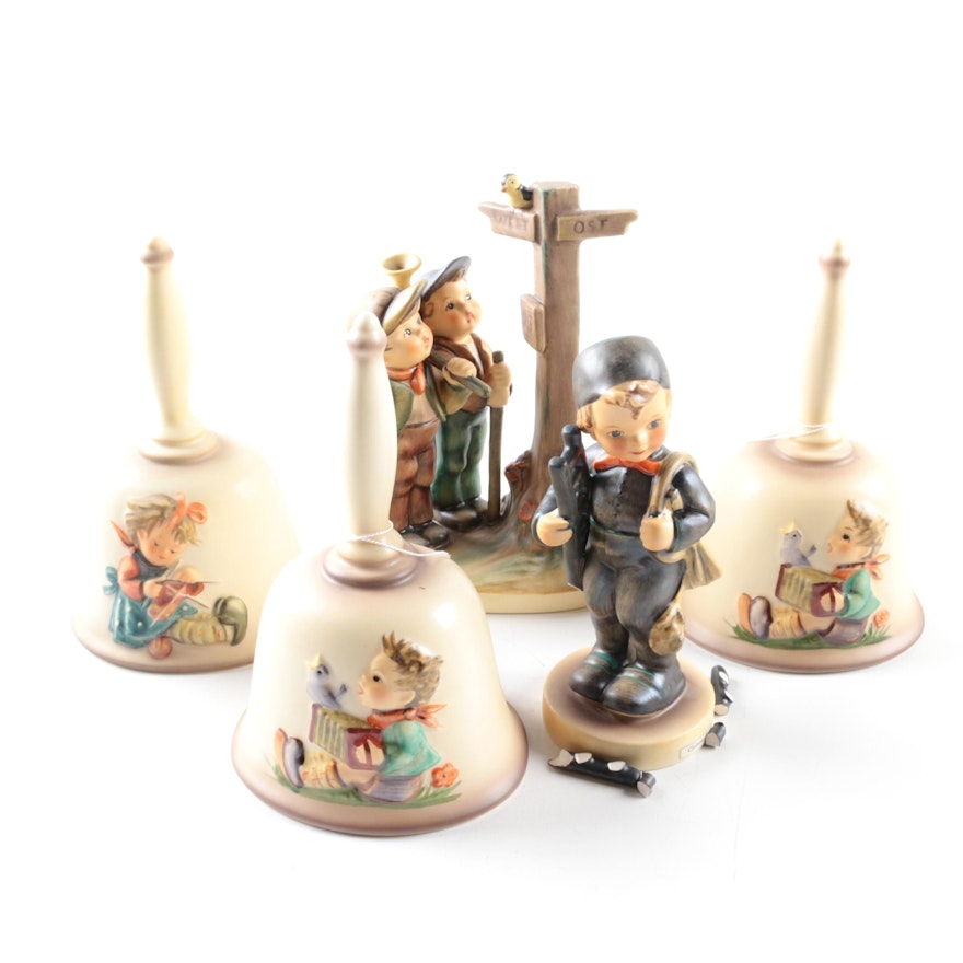 Collection of Hummel Figurines Including "Crossroads" and Bells