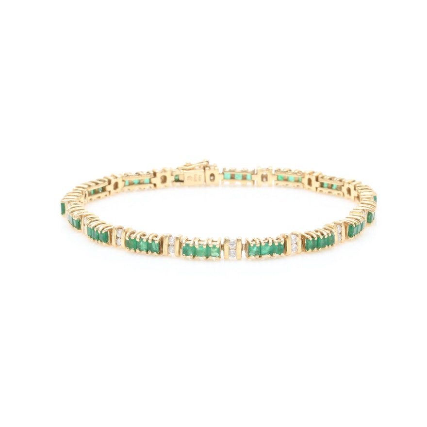 14K Yellow Gold Emerald and Diamond Tennis Bracelet