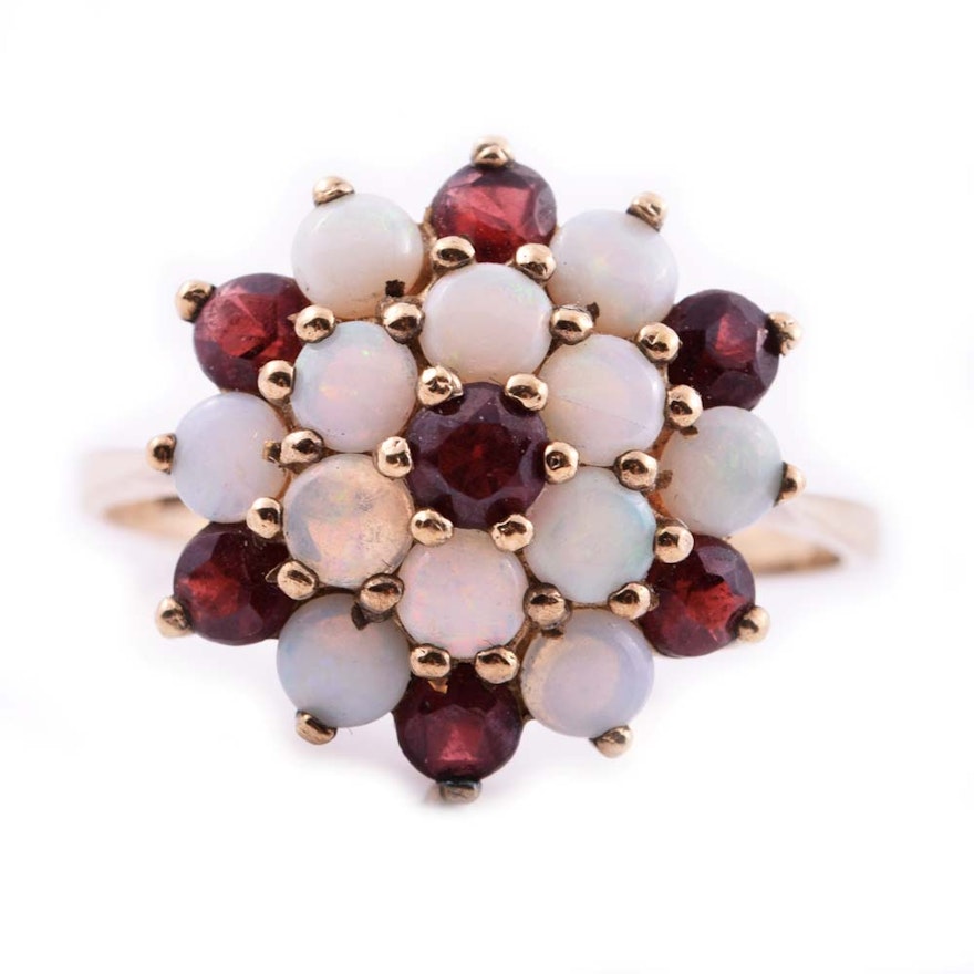 9K Yellow Gold, Opal, and Garnet Cluster Ring