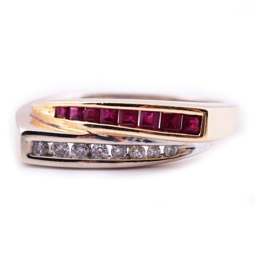 14K White and Yellow Gold, Diamond, and Ruby Ring