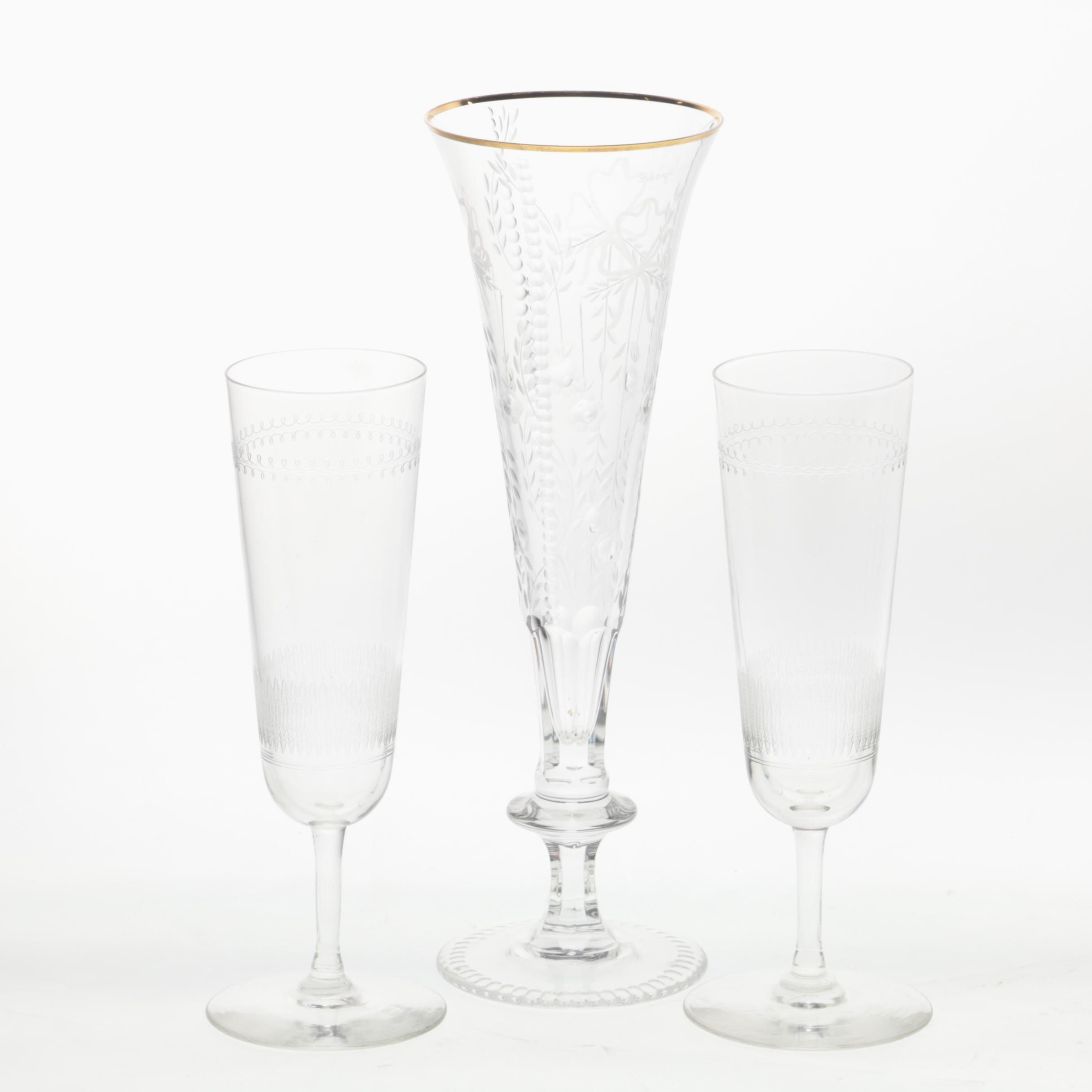 Collection of Etched Glass Champagne Flutes