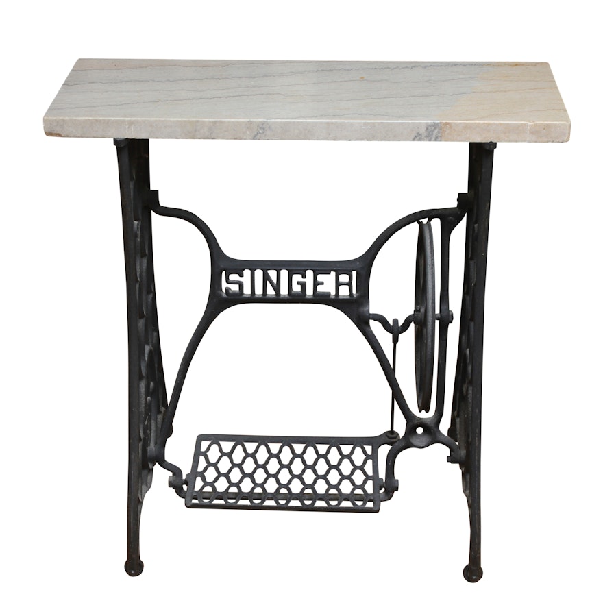 Stone-Top Table With Singer Sewing Machine Base